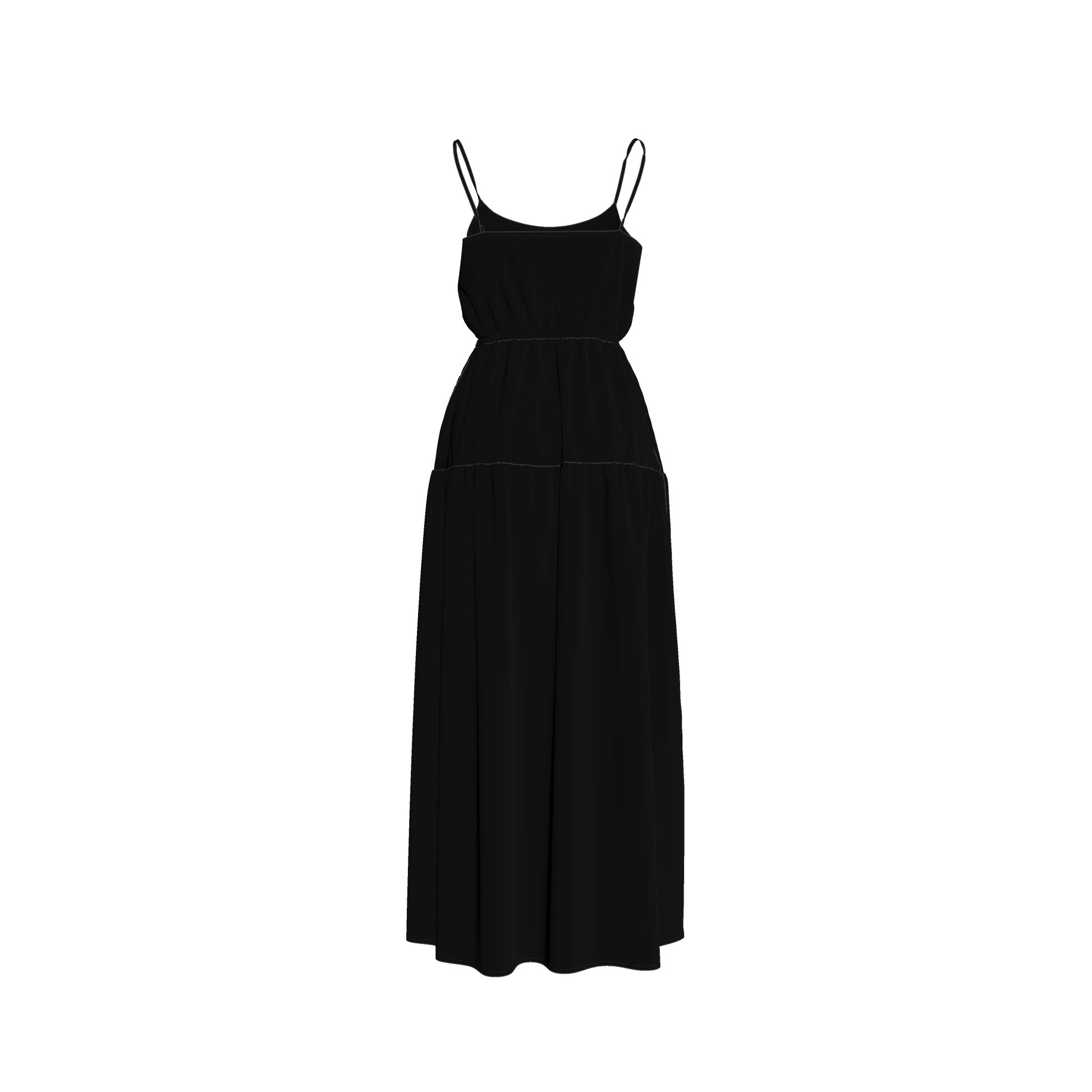 Maxi Dress with Waist Tie in Pure Black Pima Cotton Poplin
