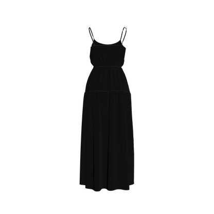Maxi Dress with Waist Tie in Pure Black Pima Cotton Poplin