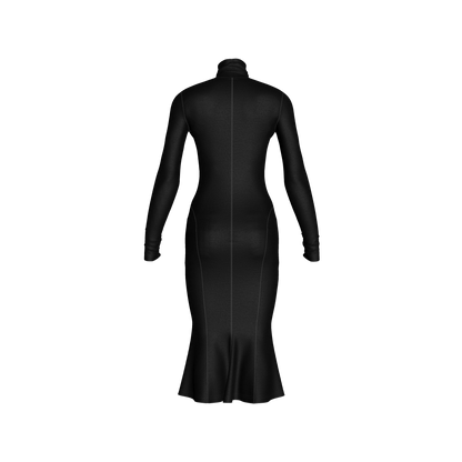 Turtleneck Body Con Dress in Pure Black Cotton-Spandex Jersey