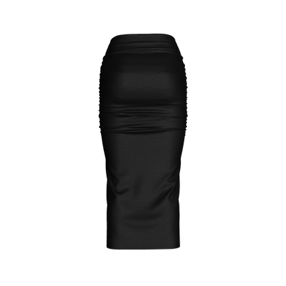 Shirred Midi Skirt in Pure Black Cotton-Spandex Jersey