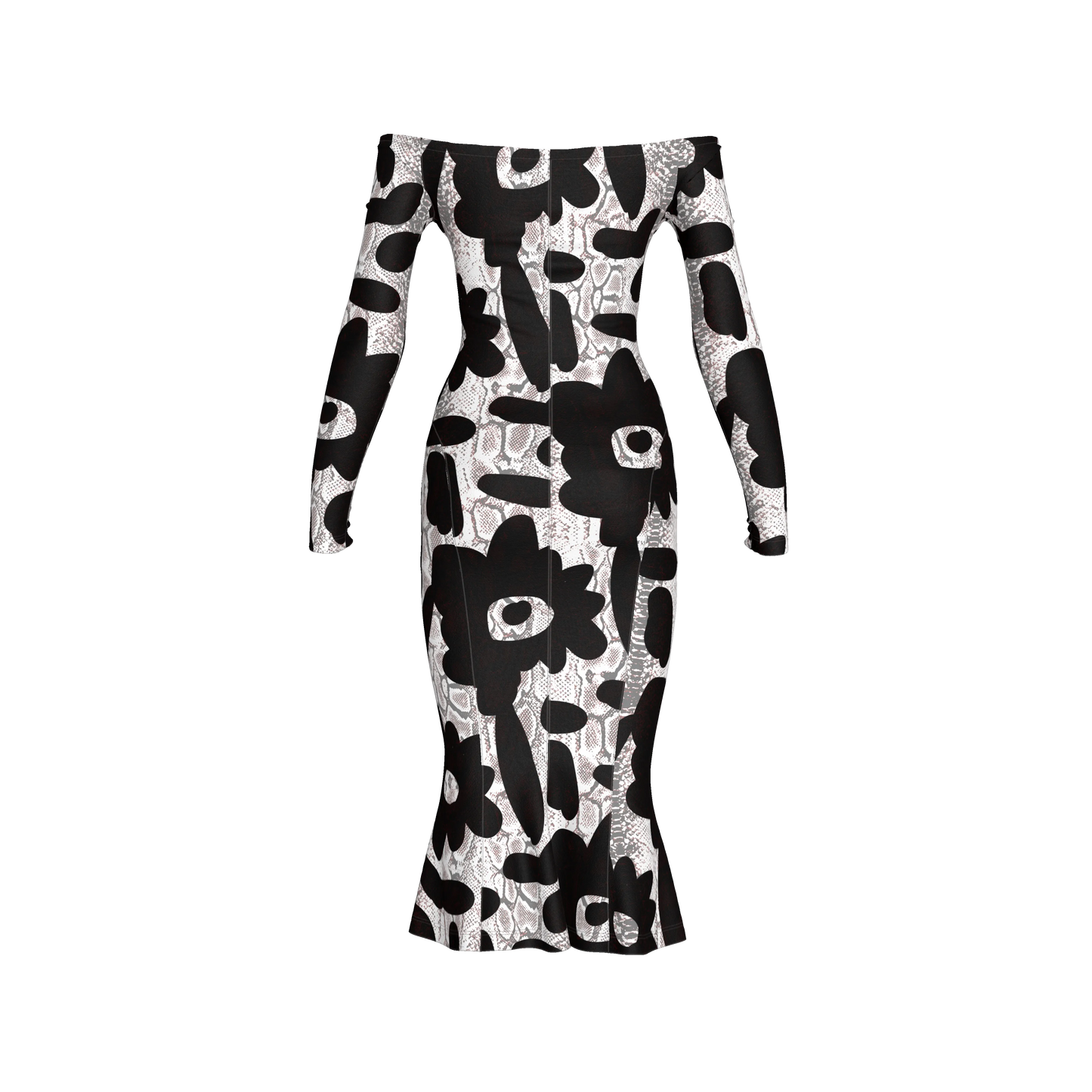 Black Flower Off-Shoulder Jersey Dress with Side Contour Panels