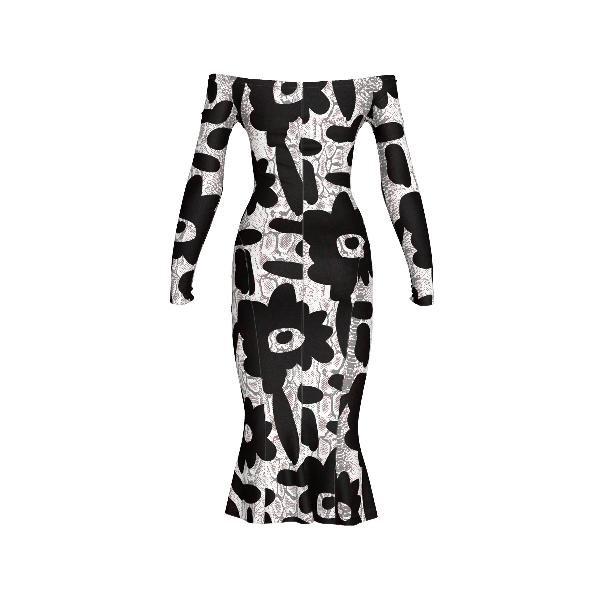 Black Flower Off-Shoulder Jersey Dress with Side Contour Panels