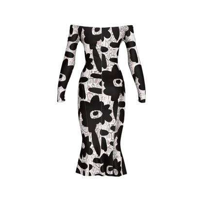 Black Flower Off-Shoulder Jersey Dress with Side Contour Panels