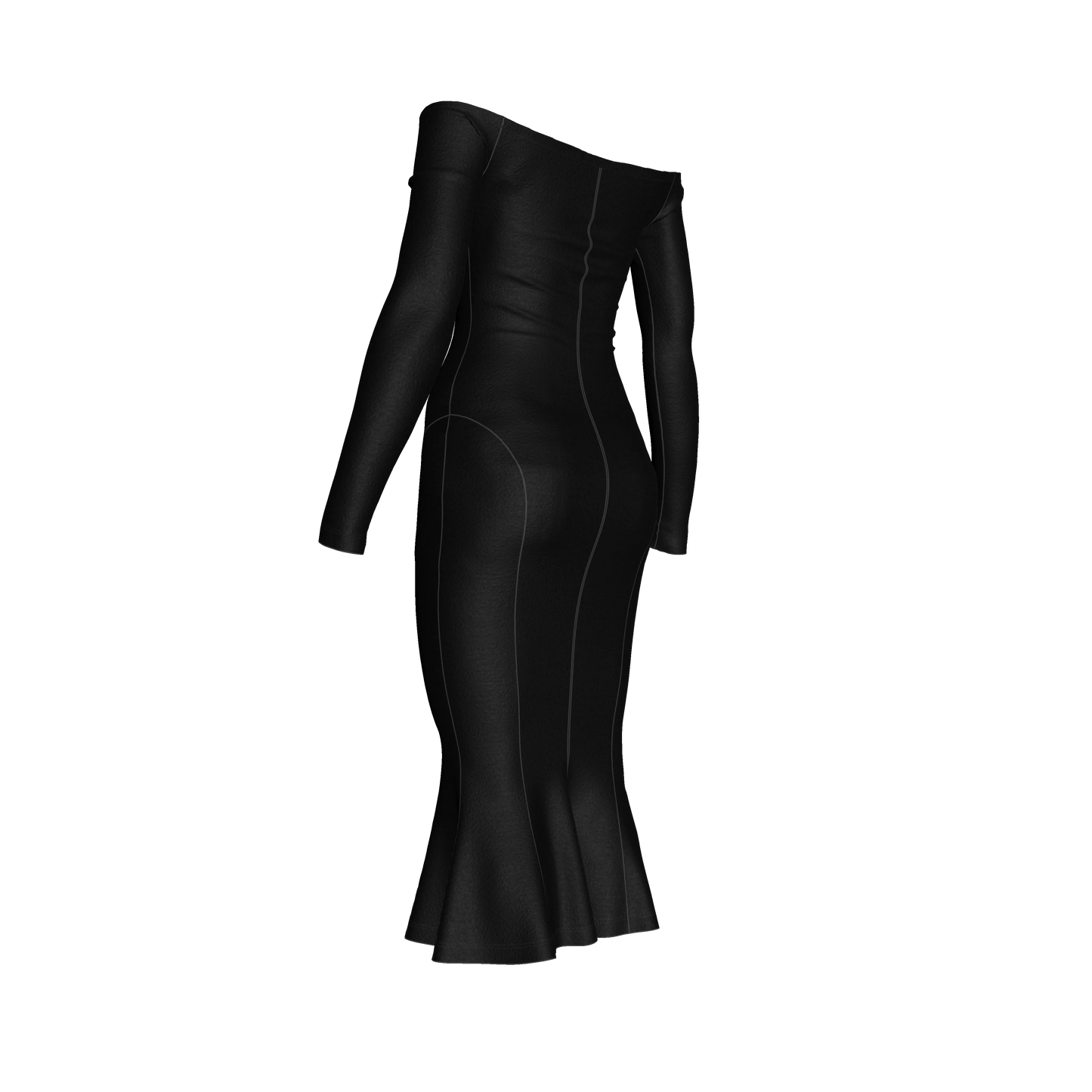 Off-Shoulder Dress with Side Contour Panels in Pure Black Cotton-Spandex Lightweight Jersey