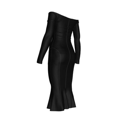 Off-Shoulder Dress with Side Contour Panels in Pure Black Cotton-Spandex Lightweight Jersey