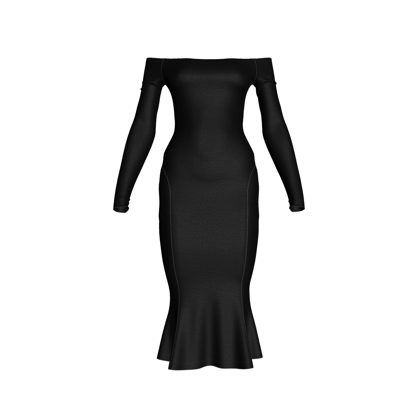 Off-Shoulder Dress with Side Contour Panels in Pure Black Cotton-Spandex Lightweight Jersey