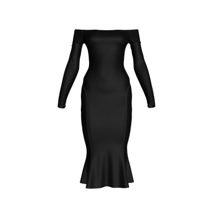 Off-Shoulder Dress with Side Contour Panels in Pure Black Cotton-Spandex Lightweight Jersey