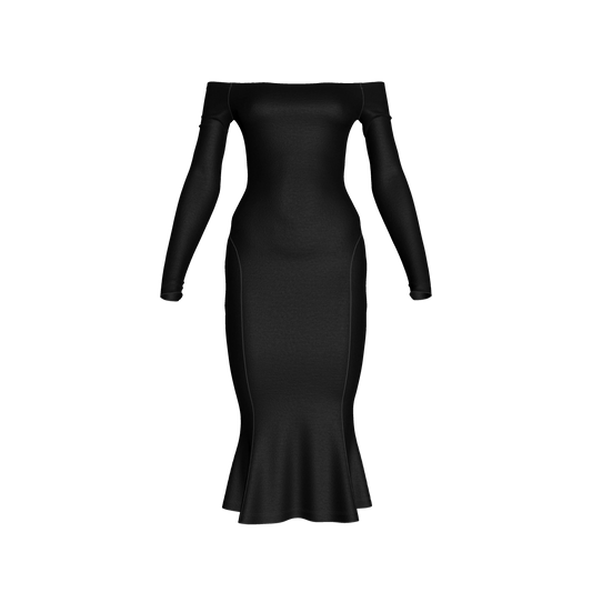 Off-Shoulder Dress with Side Contour Panels in Pure Black Cotton-Spandex Lightweight Jersey