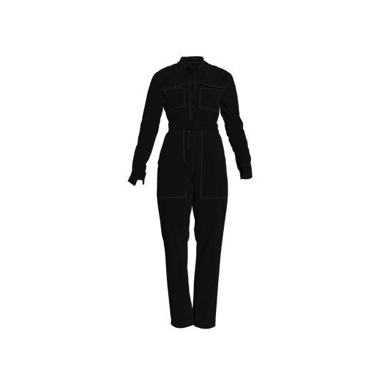 Lightweight Button Front Jumpsuit in Pure Black in Pima Cotton Poplin