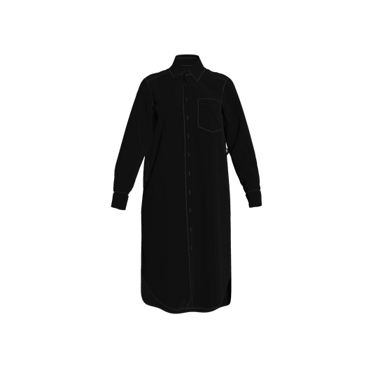 Long Sleeve Shirt Dress in Pure Black Pima Cotton Poplin