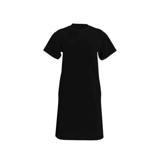 Knee Length T-Shirt Dress in Pure Black Cotton-Spandex Jersey
