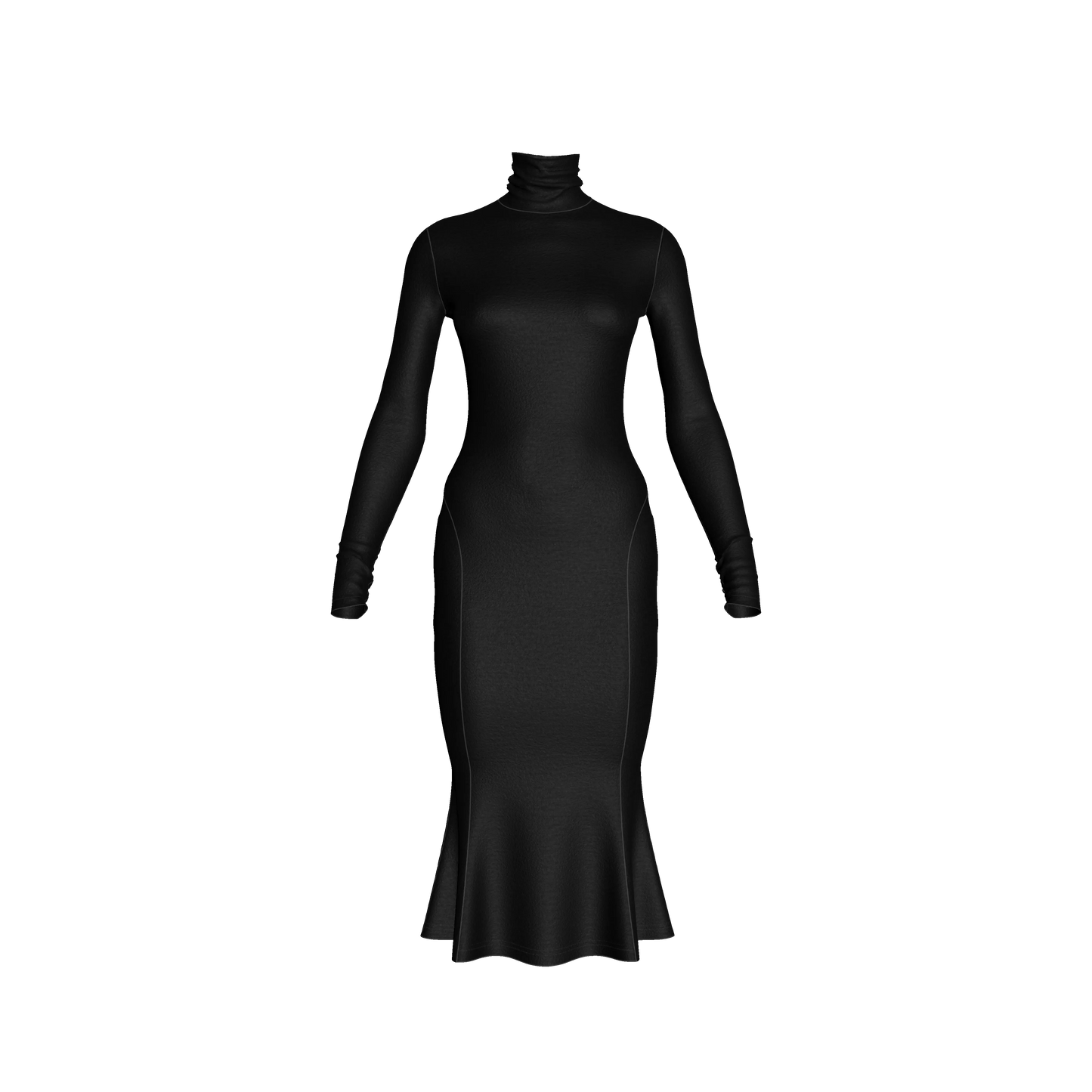 Turtleneck Body Con Dress in Pure Black Cotton-Spandex Jersey