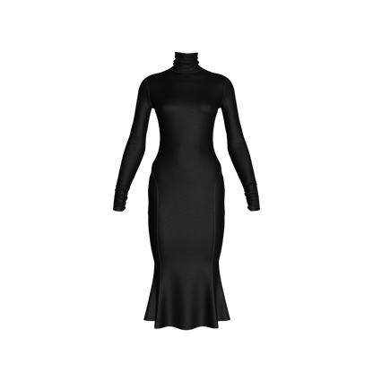Turtleneck Body Con Dress in Pure Black Cotton-Spandex Jersey
