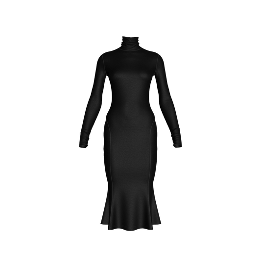 Turtleneck Body Con Dress in Pure Black Cotton-Spandex Jersey