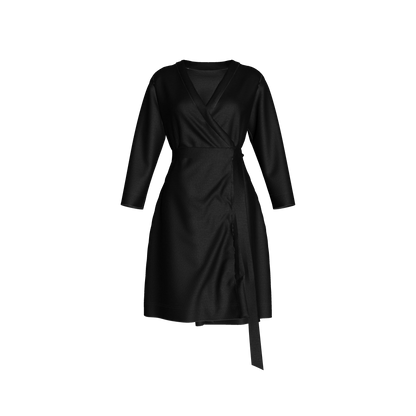 Traditional Jersey Wrap Dress in Pure Black Cotton-Spandex Jersey