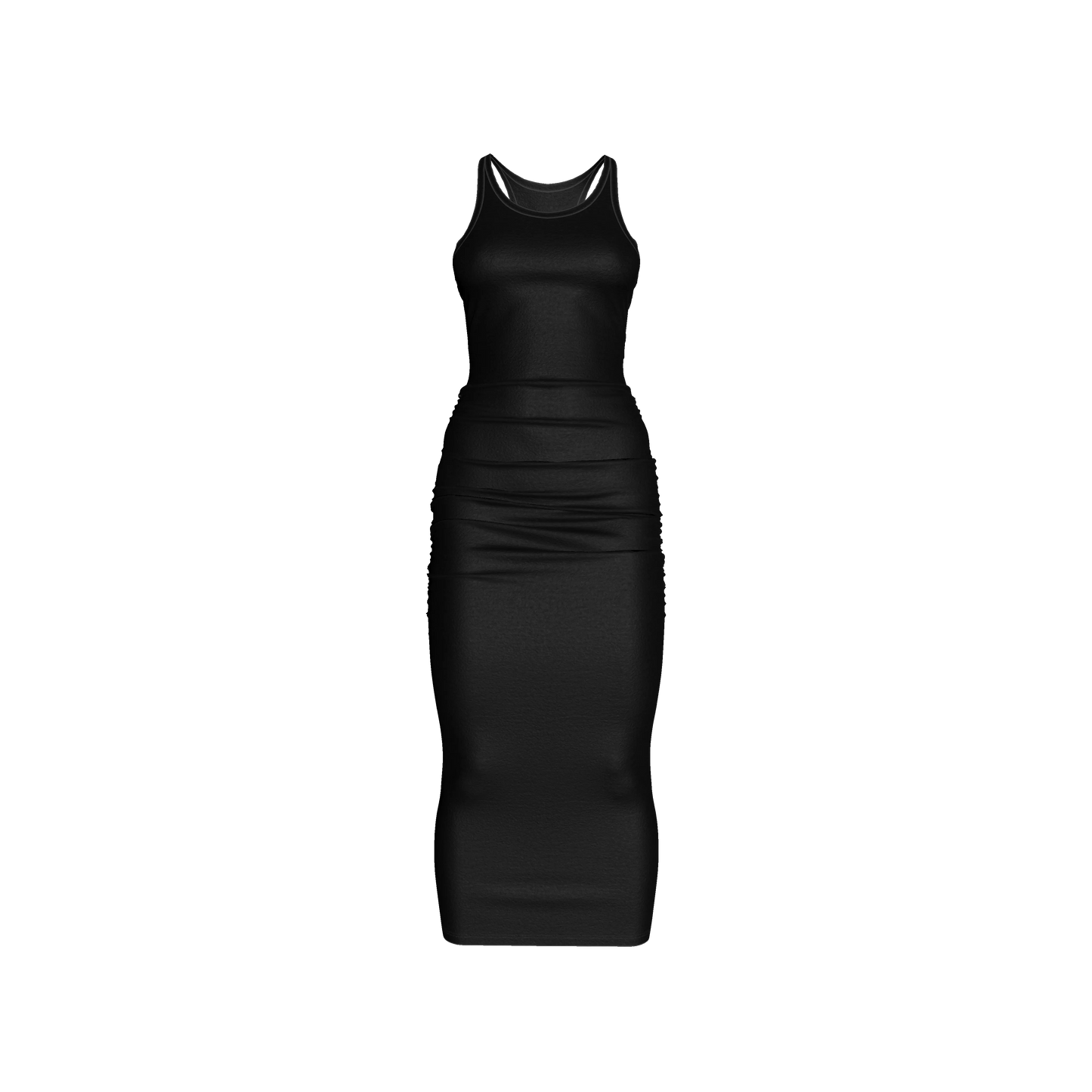 Racerback Shirred Tank Dress in Pure Black Cotton-Spandex Jersey