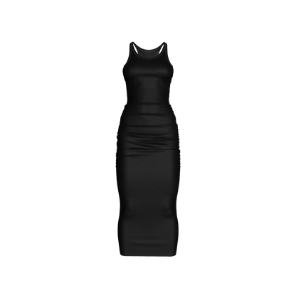 Racerback Shirred Tank Dress in Pure Black Cotton-Spandex Jersey