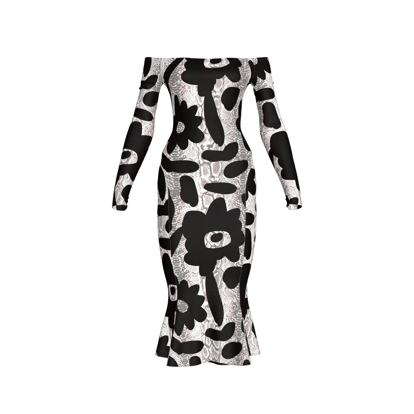 Black Flower Off-Shoulder Jersey Dress with Side Contour Panels