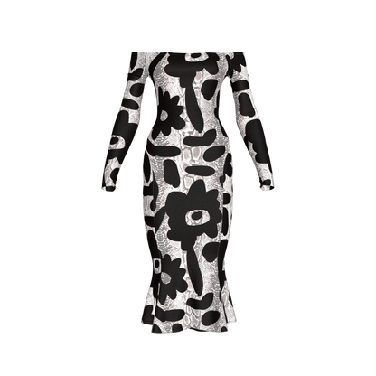 Black Flower Off-Shoulder Jersey Dress with Side Contour Panels