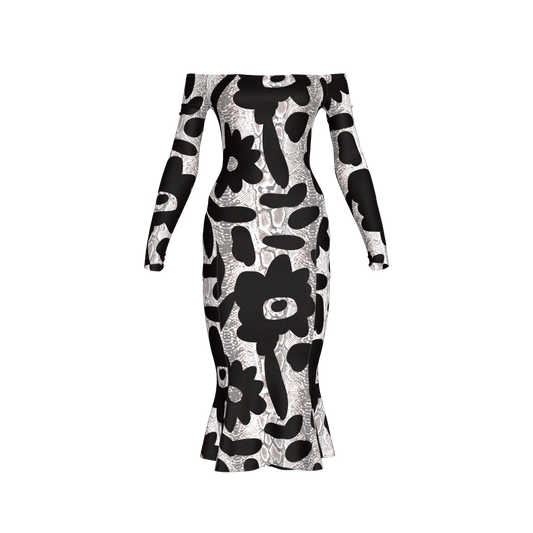 Black Flower Off-Shoulder Jersey Dress with Side Contour Panels