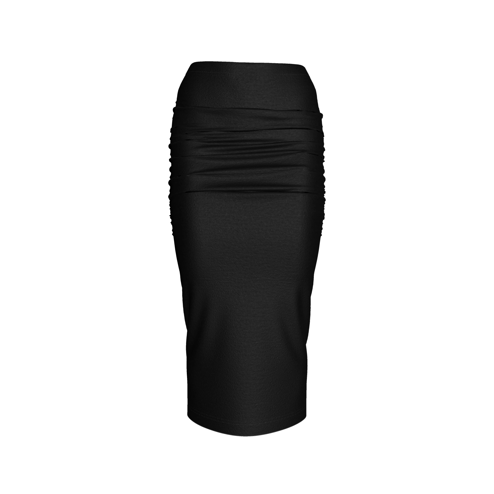 Shirred Midi Skirt in Pure Black Cotton-Spandex Jersey
