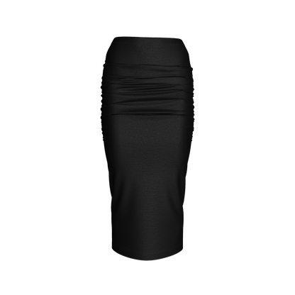 Shirred Midi Skirt in Pure Black Cotton-Spandex Jersey
