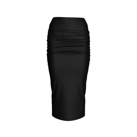 Shirred Midi Skirt in Pure Black Cotton-Spandex Jersey