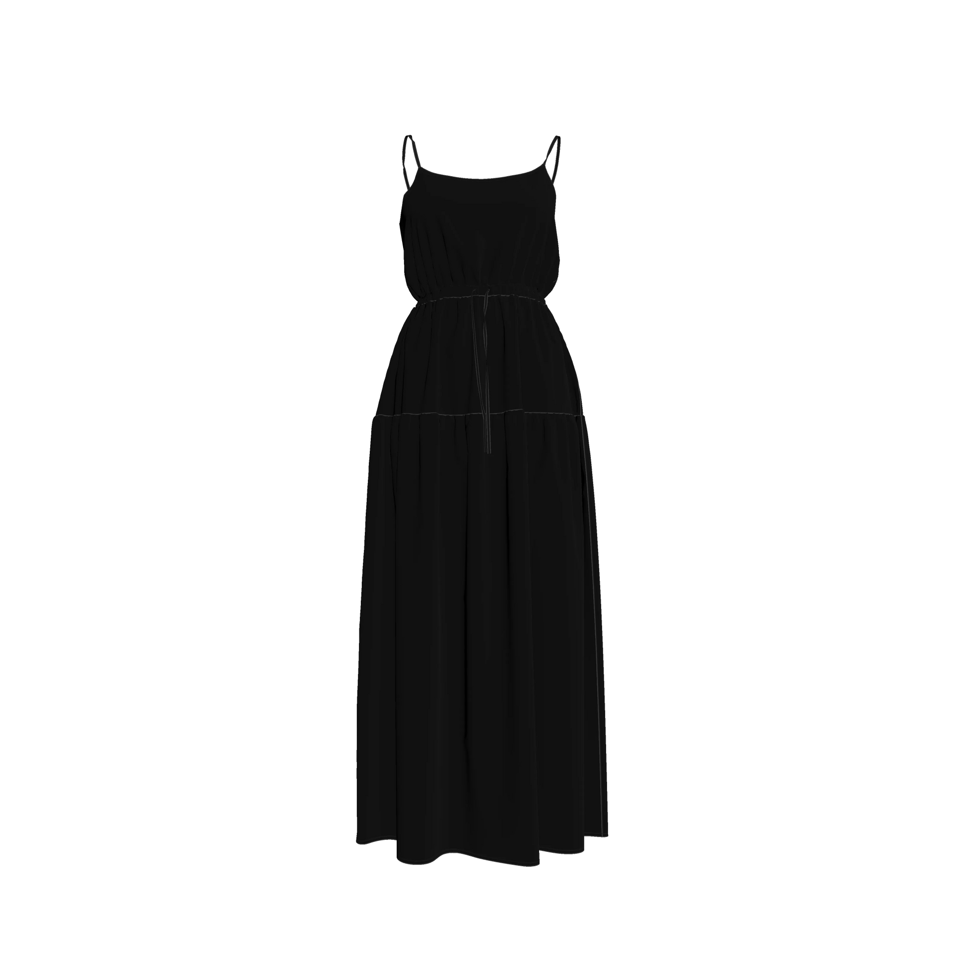 Maxi Dress with Waist Tie in Pure Black Pima Cotton Poplin