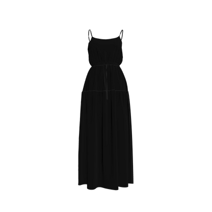 Maxi Dress with Waist Tie in Pure Black Pima Cotton Poplin