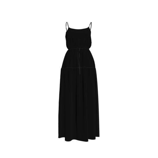Maxi Dress with Waist Tie in Pure Black Pima Cotton Poplin