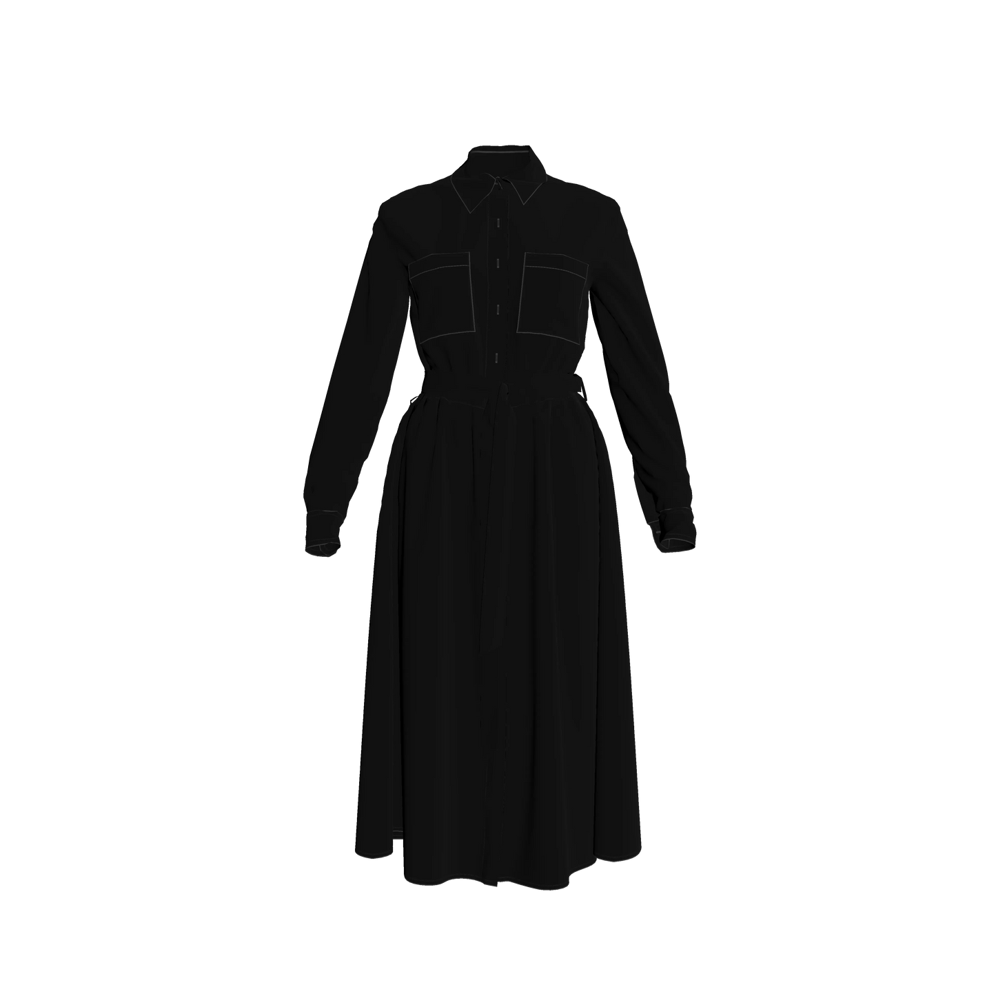 Button Front Shirt Dress in Pure Black Pima Cotton Poplin