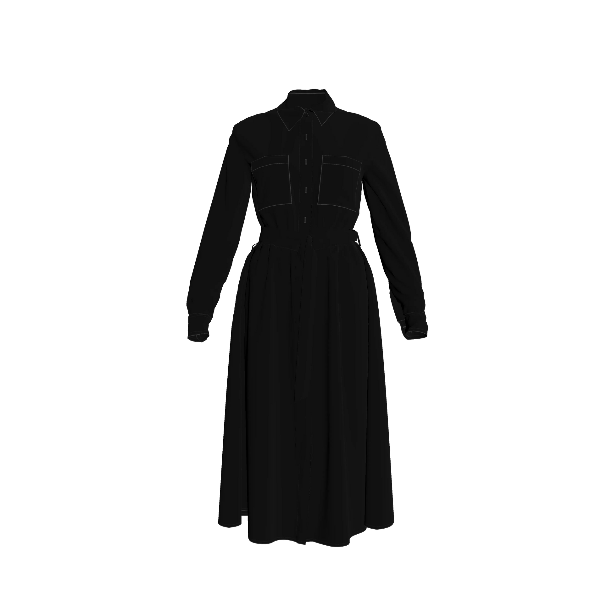 Button Front Shirt Dress in Pure Black Pima Cotton Poplin