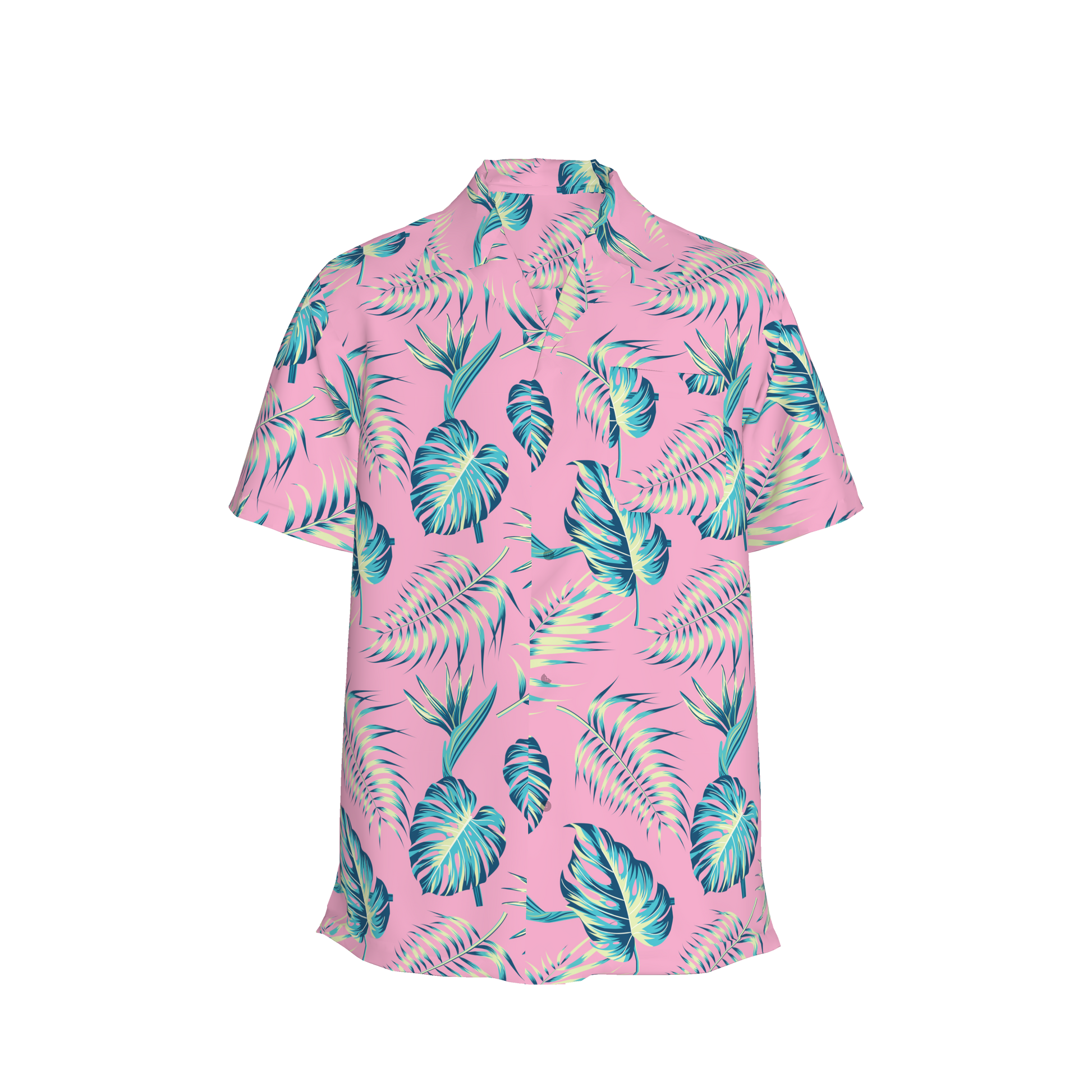 Pink Tropical Leaf Camp Collar/Bowling Shirt – Organic Cotton Twill