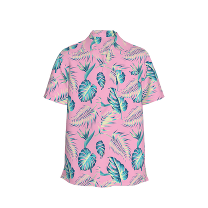 Pink Tropical Leaf Camp Collar/Bowling Shirt – Organic Cotton Twill