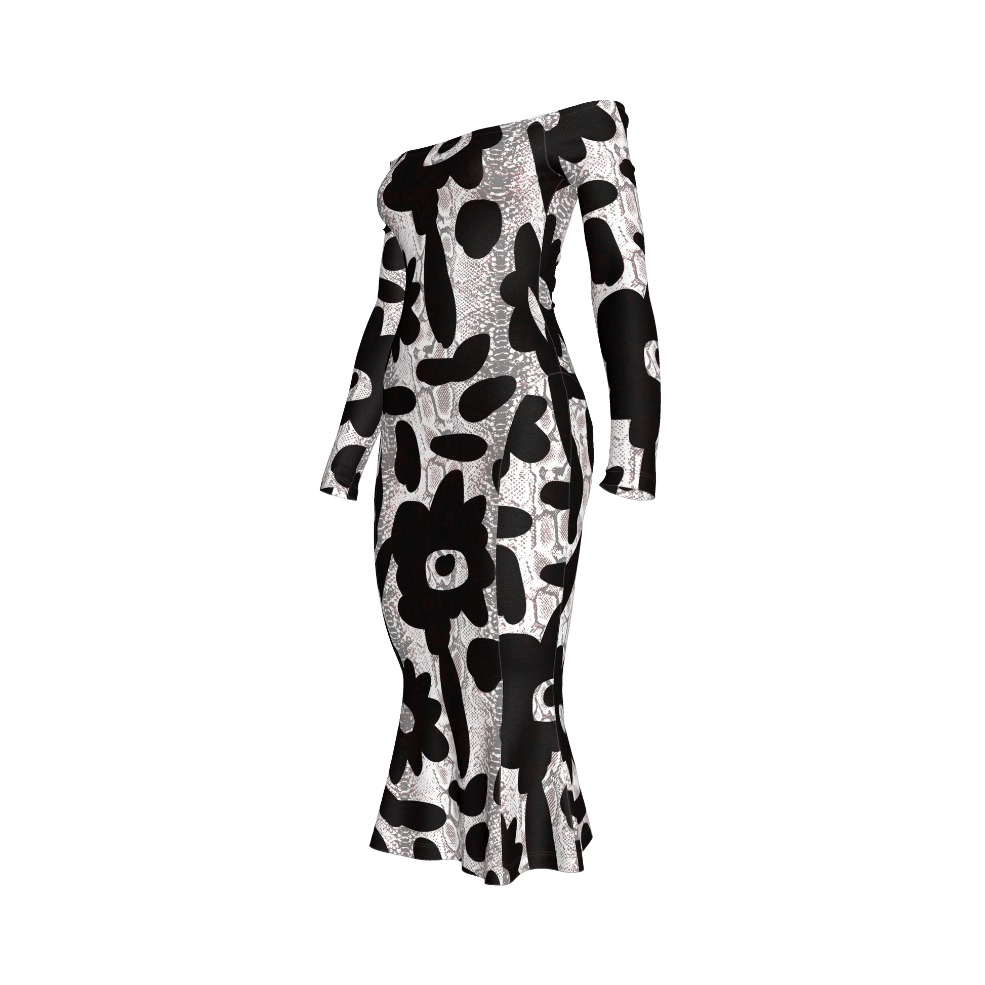 Black Flower Off-Shoulder Jersey Dress with Side Contour Panels