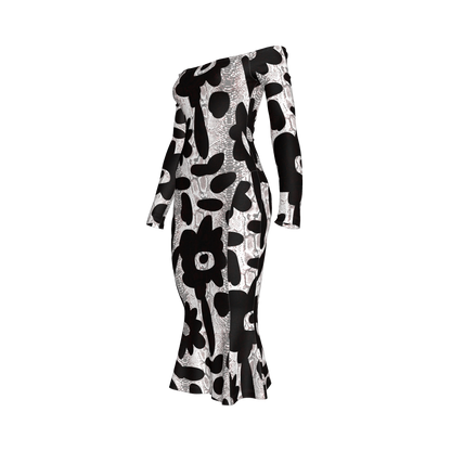 Black Flower Off-Shoulder Jersey Dress with Side Contour Panels