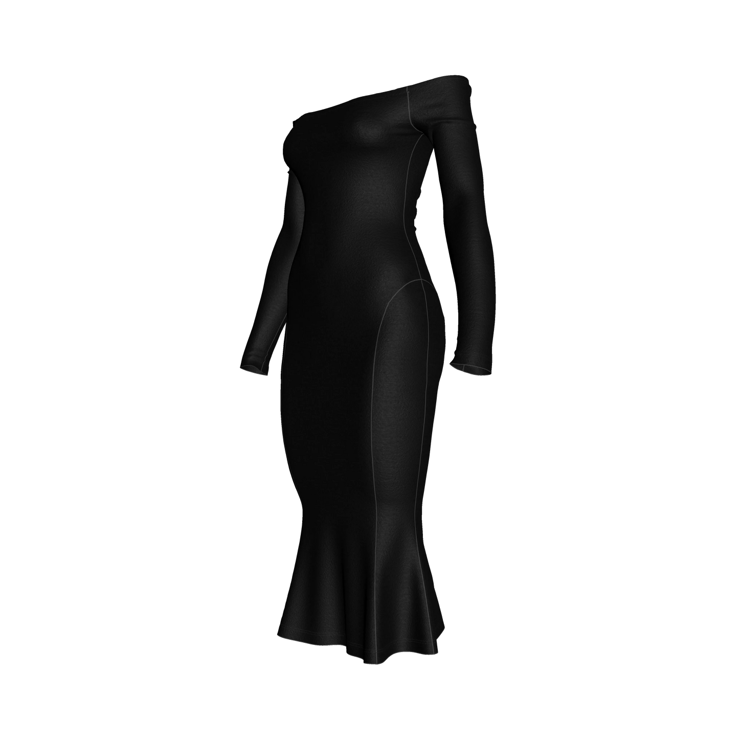 Off-Shoulder Dress with Side Contour Panels in Pure Black Cotton-Spandex Lightweight Jersey