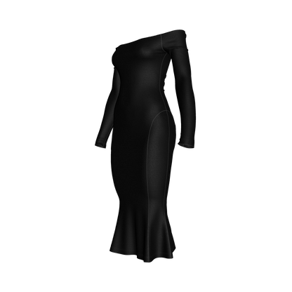 Off-Shoulder Dress with Side Contour Panels in Pure Black Cotton-Spandex Lightweight Jersey