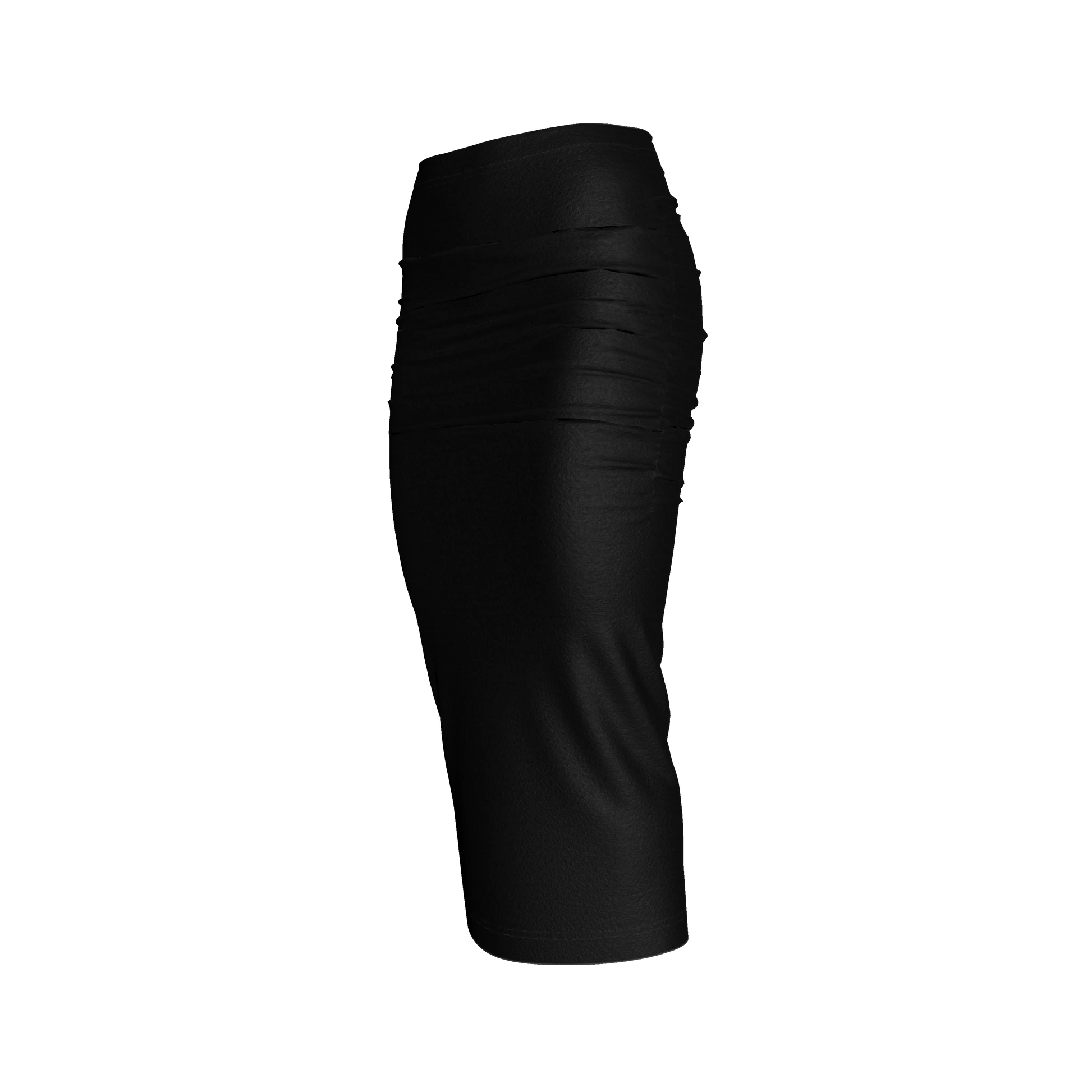 Shirred Midi Skirt in Pure Black Cotton-Spandex Jersey