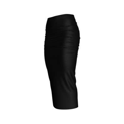 Shirred Midi Skirt in Pure Black Cotton-Spandex Jersey