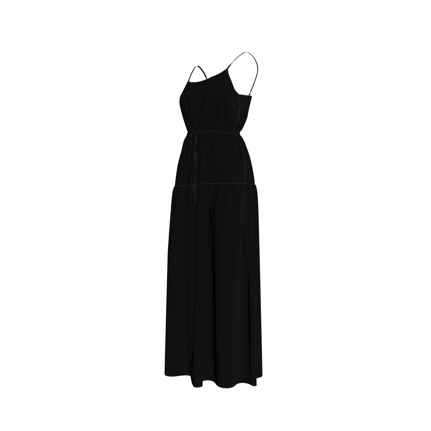 Maxi Dress with Waist Tie in Pure Black Pima Cotton Poplin