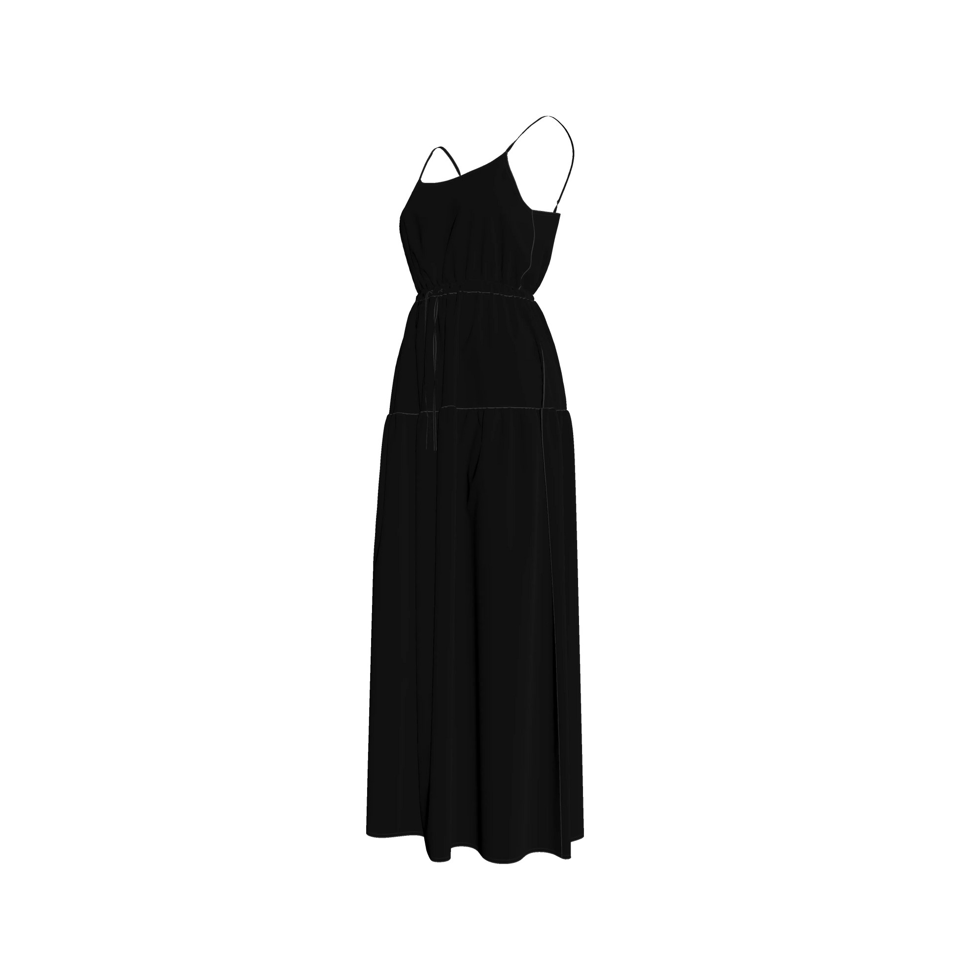 Maxi Dress with Waist Tie in Pure Black Pima Cotton Poplin