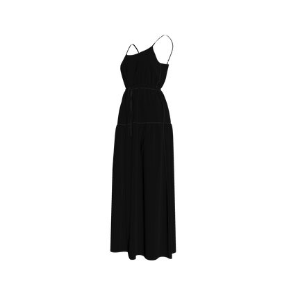 Maxi Dress with Waist Tie in Pure Black Pima Cotton Poplin
