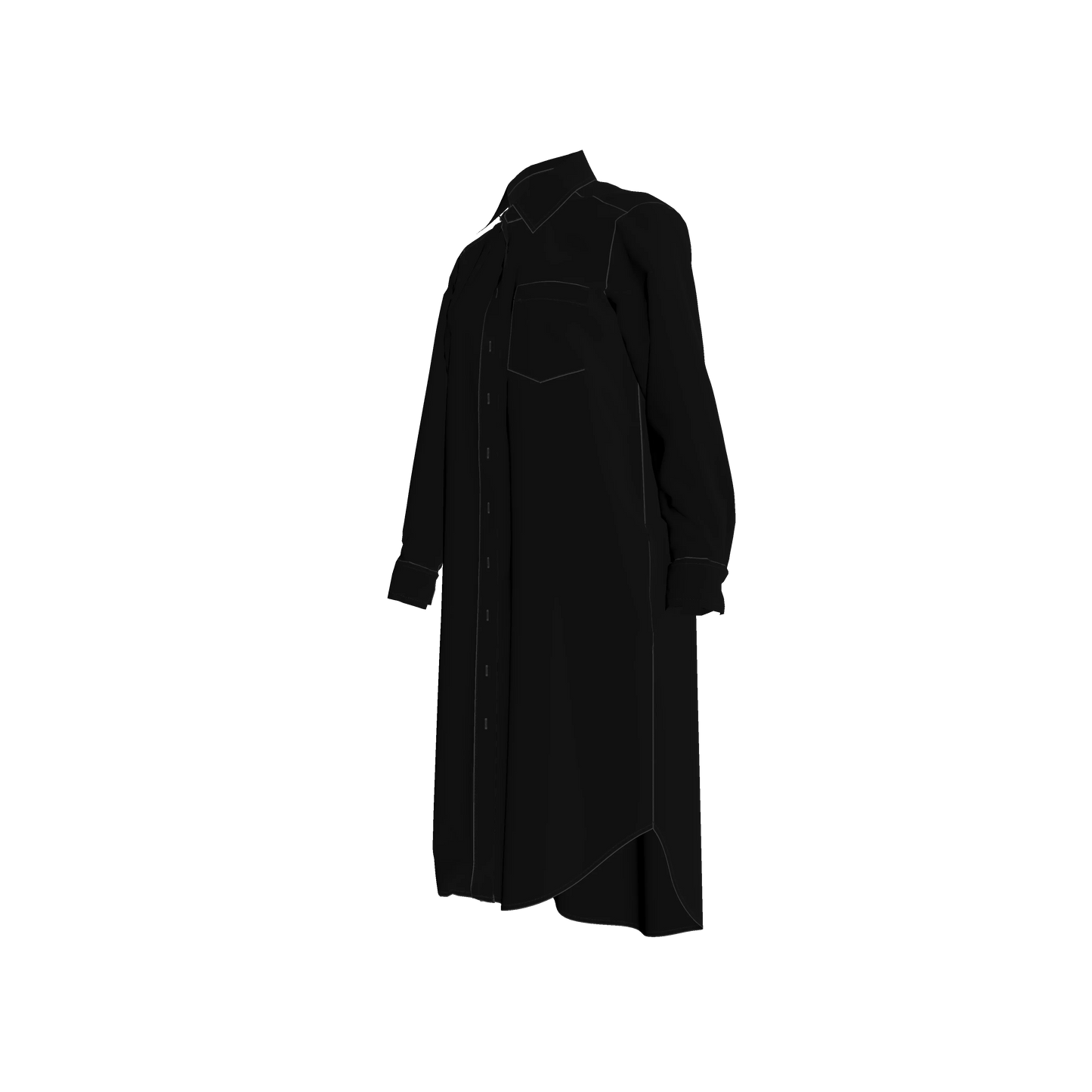 Long Sleeve Shirt Dress in Pure Black Pima Cotton Poplin