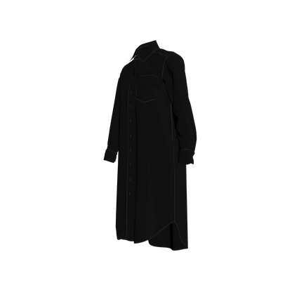 Long Sleeve Shirt Dress in Pure Black Pima Cotton Poplin