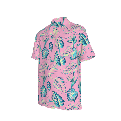 Pink Tropical Leaf Camp Collar/Bowling Shirt – Organic Cotton Twill