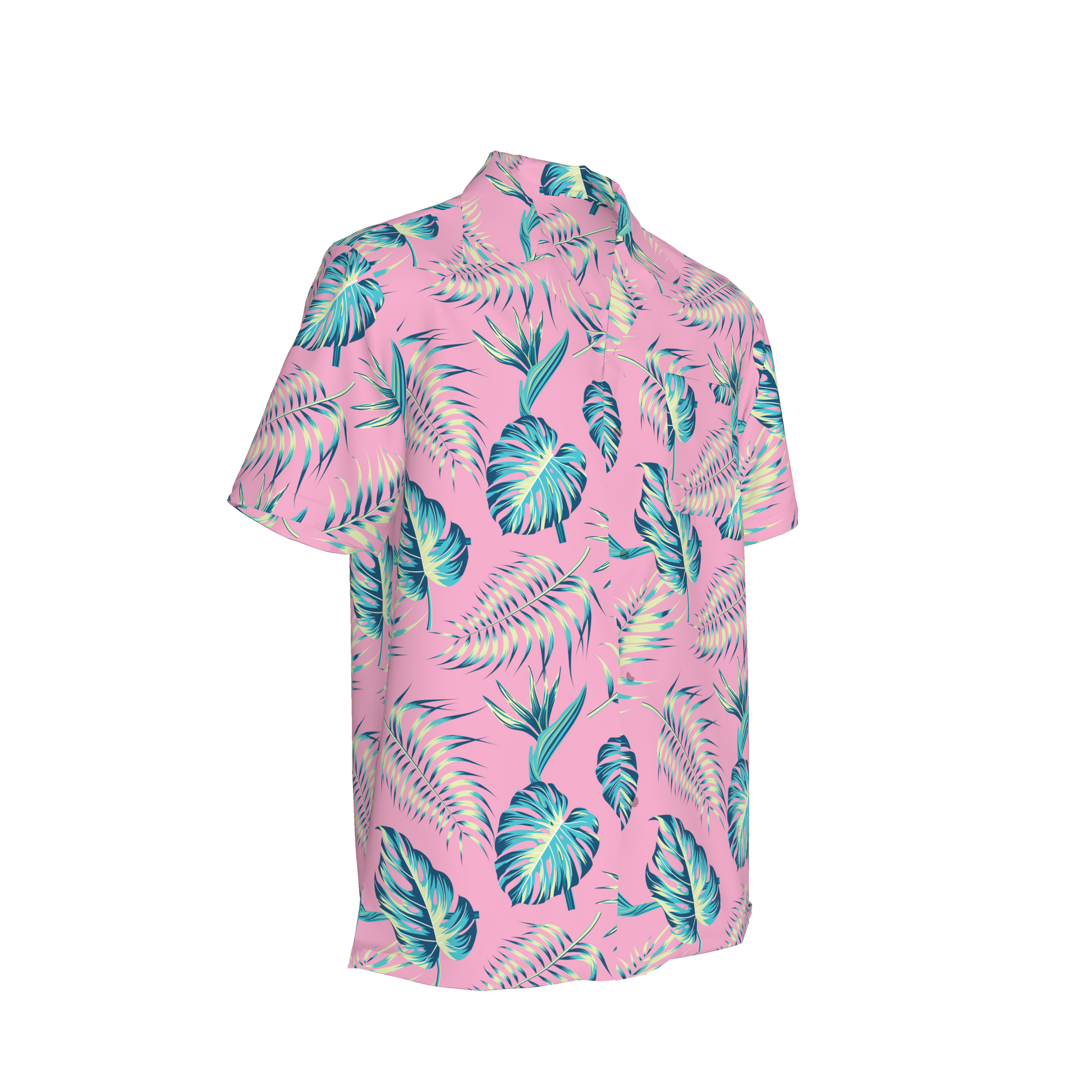 Pink Tropical Leaf Camp Collar/Bowling Shirt – Organic Cotton Twill