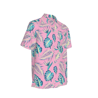 Pink Tropical Leaf Camp Collar/Bowling Shirt – Organic Cotton Twill