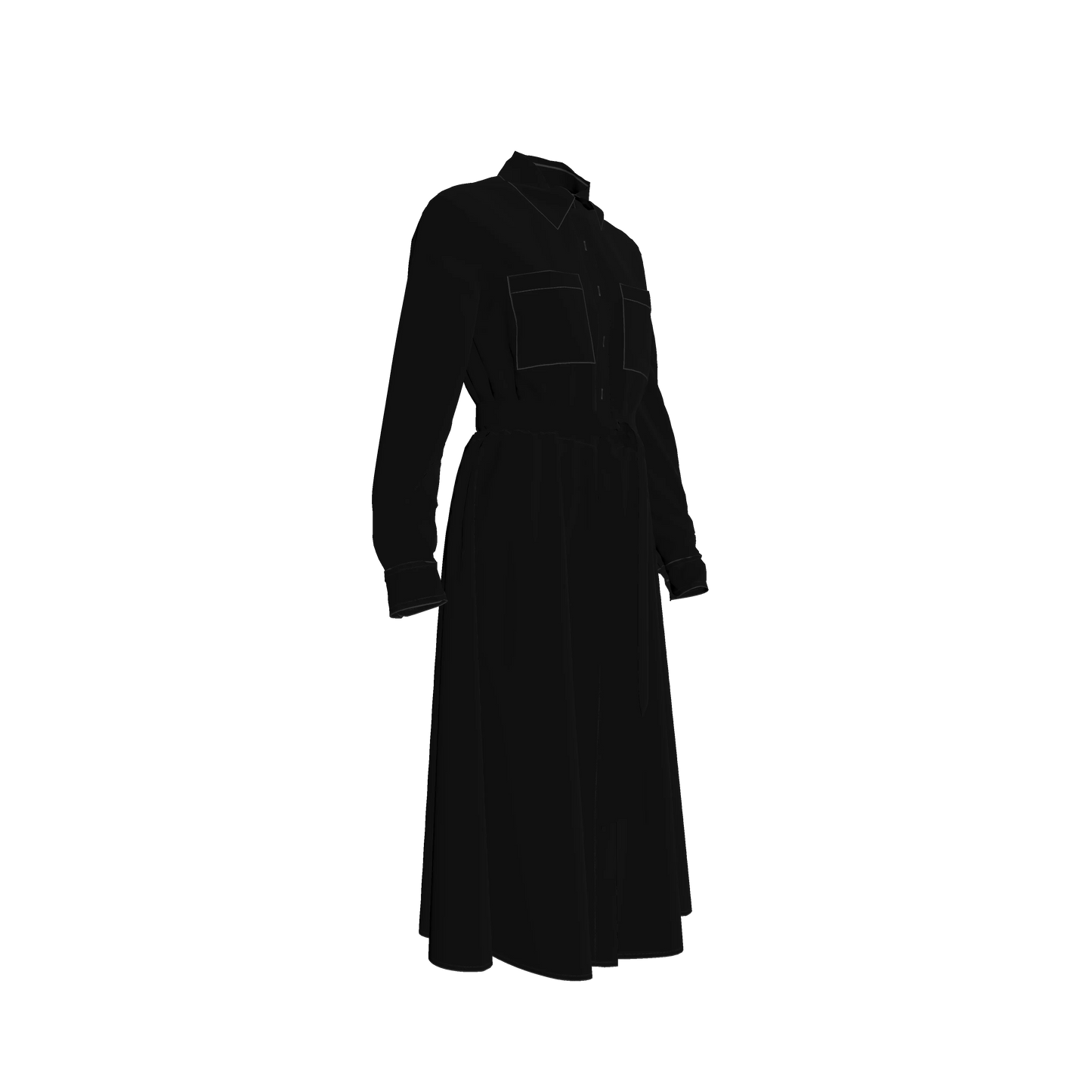 Button Front Shirt Dress in Pure Black Pima Cotton Poplin