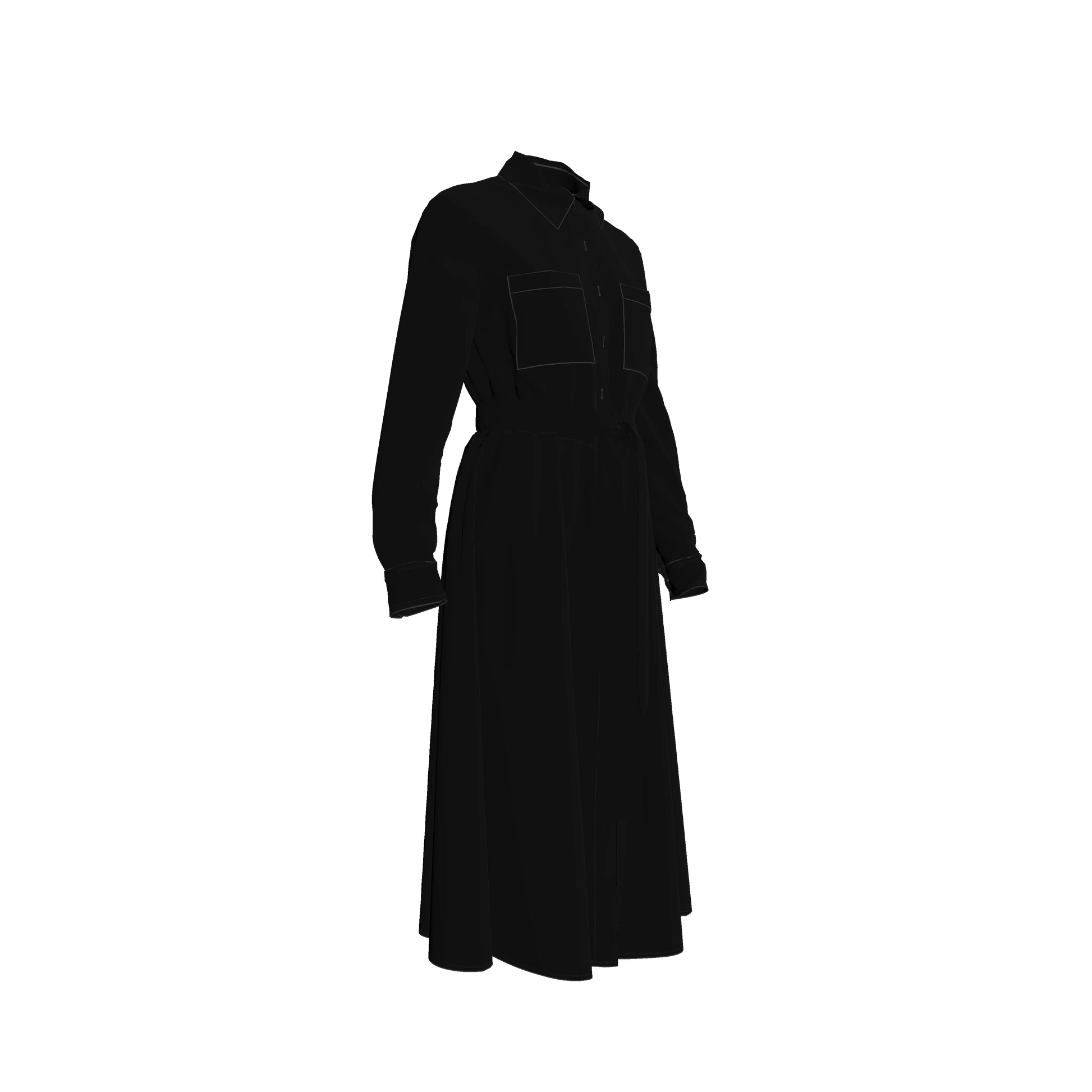 Button Front Shirt Dress in Pure Black Pima Cotton Poplin